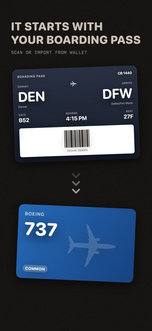 A boarding pass becoming a Boeing 737 trading card.