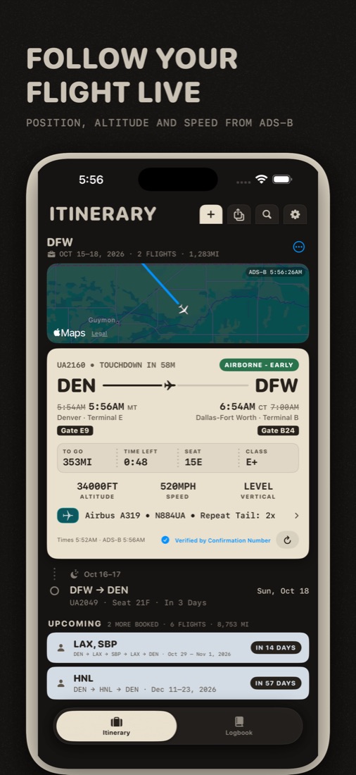 A flight followed live: route, times, gates, altitude and speed.