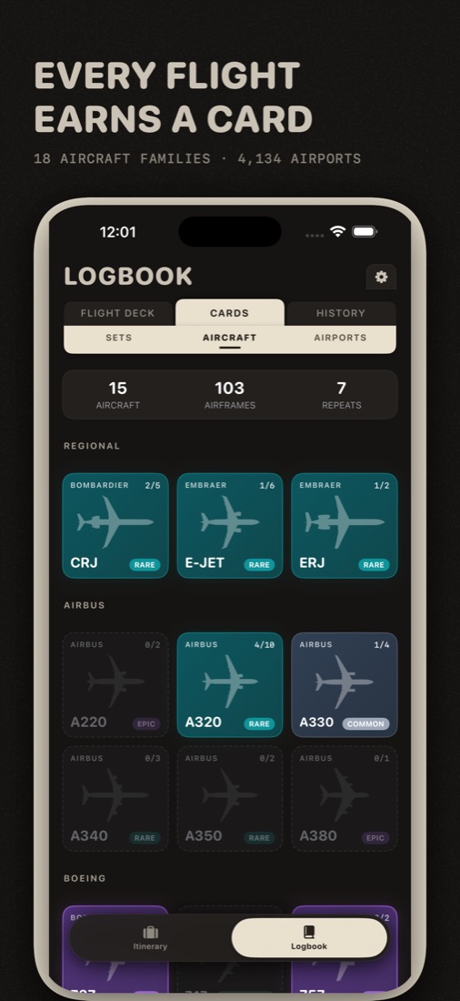 The aircraft cards, coloured by rarity.